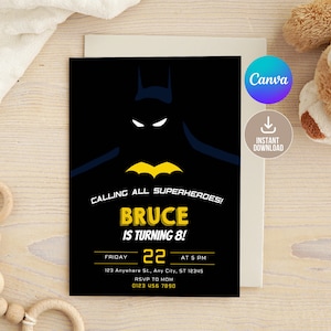 Edytowalne zaproszenie na imprezę urodzinową Bat Superhero, drukowane zaproszenie na imprezę urodzinową Bat Guy, urodziny superbohatera, zaproszenie na imprezę Bat Boy, urodziny chłopca