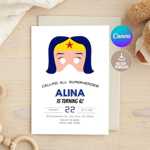 Modèle modifiable d'Invitation de super-héros merveille, faire-part d'anniversaire modifiable de super-héros femme numérique, faire-part de fête d'anniversaire fille imprimable