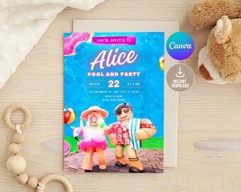 Editable Oblox Pool Party Invitation Digital,Printable Oblox Pool Birthday Invitation,Oblox Invitation for Girls,Video Game Pool Invitation