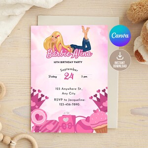Editable Doll Invitation Template,Editable Doll Birthday Invitation Digital,Printable Birthday Party Invitation, Girl Birthday,Pink Birthday