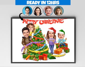 Gepersonaliseerde kerst familieportret cartoon, aangepast familieportret, cadeau voor kerst, familiekarikatuur, familieportret Noel, kerstcadeau