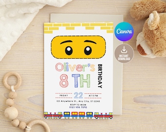 May include: A printable birthday invitation with a Lego-themed design. The invitation features a yellow Lego head with a smiling face and the text "Oliver's 8th Birthday". The invitation also includes a train design with the text "Friday 22 at 5 PM, 123 Anywhere St., Any City, ST 12345, RSVP to Mom, 0123 456 7890".