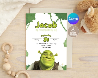 Bearbeitbare Shrek Geburtstagseinladung Digital, druckbare Shrek Geburtstagseinladung,Gebäude Shrek Kindergeburtstagsfeier einladen, Digital Shrek