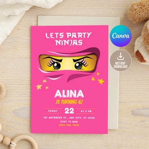 Bearbeitbare Mädchen Ninja Go-Geburtstagseinladung, druckbare Geburtstagseinladung, Ziegel-Ninja-Kindergeburtstagsfeier einladen, Lets Party Ninjas, Mädchen-Bday