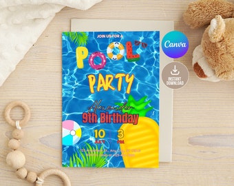 Editable Pool Party Invitation,Printable Pool Party Birthday Invitation,Pineapple Pool Party Invite,Summer Birthday Party,Swimming Party