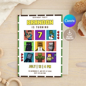Editable Minecrafter Video Game Birthday Invitation Digital,Printable Minecrafter Birthday Party Invitation,Mine Invite Template,Video Game