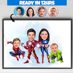 Ritratto di famiglia di supereroi personalizzato, ritratto di famiglia personalizzato, regalo per la famiglia, caricatura di famiglia, caricatura da foto, due figli