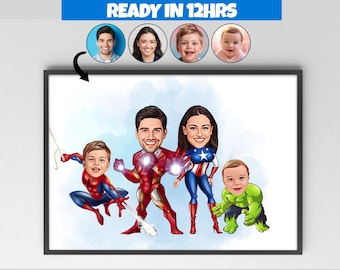 Retrato de dibujos animados familiar de superhéroes personalizado, retrato familiar personalizado, regalo para la familia, caricatura familiar, caricatura de foto, dos hijos