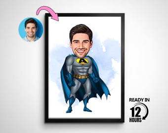 Personalized Bat Superhero Cartoon Portrait, Superhero Portrait, Gift for Men, Superhero Caricature, Caricature from Photo, Superhero Gift
