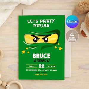 Bearbeitbare Green Ninja Go-Geburtstagseinladung, druckbare Geburtstagseinladung, Ziegel-Ninja-Kindergeburtstagsfeier einladen, Lets Party Ninjas, Junge Bday