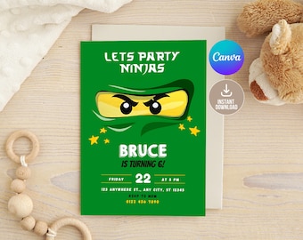 Editable Green Ninja Go Birthday Invitation,Printable Birthday Invitation,Bricks Ninja Kids Birthday Party Invite,Lets Party Ninjas,Boy Bday