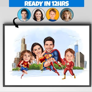 Gepersonaliseerde superhelden familie cartoonportret, aangepast familieportret, cadeau voor familie, karikatuur van foto, 1 zoon, 1 dochter, gezin van 4