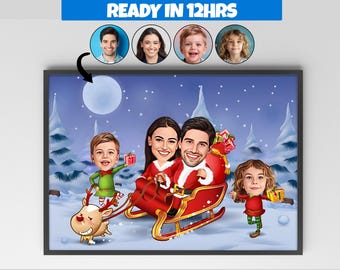 Gepersonaliseerde kerst familieportret cartoon, aangepast familieportret, cadeau voor kerst, familiekarikatuur, familieportret Noel, kerstcadeau