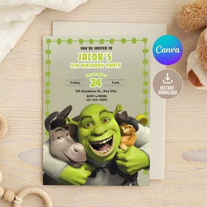 Invitation d'anniversaire Shrek modifiable numérique, invitation d'anniversaire Shrek imprimable, invitation de fête d'anniversaire pour enfants Shrek, Shrek numérique