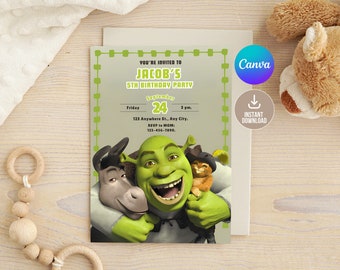 Bewerkbare Shrek verjaardagsuitnodiging Digitale, afdrukbare Shrek verjaardagsuitnodiging, Shrek Kids verjaardagsfeestje uitnodigen, digitale Shrek