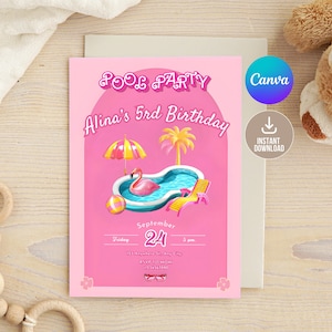 Editable Doll Pool Party Invitation,Printable Pink Pool Party Birthday Invitation,Girls Pool Party Invite,Summer Birthday,Doll Birthday