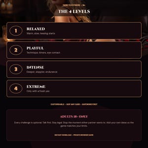 May include: A dark-themed digital game interface titled THE 4 LEVELS, featuring four numbered categories: 1 RELAXED, 2 PLAYFUL, 3 INTENSE, and 4 EXTREME, each with descriptive text. The bottom section includes the text ADULTS 18+ ONLY and game instructions.
