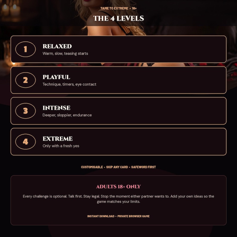 May include: A dark-themed digital game interface titled THE 4 LEVELS, featuring four numbered categories: 1 RELAXED, 2 PLAYFUL, 3 INTENSE, and 4 EXTREME, each with descriptive text. The bottom section includes the text ADULTS 18+ ONLY and game instructions.
