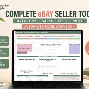 May include: A laptop screen displaying the Bletchley Digital Monthly Seller Dashboard, an automated Excel workbook for eBay sellers. The interface includes sections for inventory, sales, fees, and profit tracking with charts and data tables.