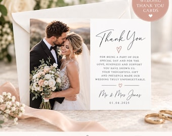 May include: A rectangular wedding thank you card featuring a photograph of a couple on the left and text on the right. The text reads Thank You, followed by a message of gratitude, Mr & Mrs Jones, and the date 01.04.2025 in black ink.