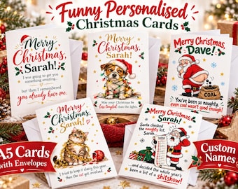 May include: Five white A5 Christmas greeting cards featuring festive illustrations of a dog, a cat, and Santa Claus. The cards include personalized text such as Merry Christmas Sarah and Dave, along with humorous holiday-themed messages and envelopes.