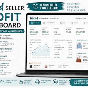 Può includere: Una dashboard digitale Vinted Seller Profit Dashboard visualizzata su uno schermo di laptop e smartphone. L'interfaccia mostra dati finanziari, inclusi ricavi, profitti, articoli venduti e avvisi di magazzino. Il testo include Vinted Seller Profit Dashboard e varie metriche aziendali in un layout organizzato con grafici e icone.