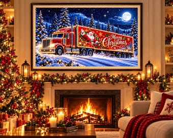 May include: A framed wall art print depicting a red semi-truck driving through a snowy landscape at night. The truck features a large graphic of Santa Claus and the text Merry Christmas. The scene includes pine trees, a full moon, and stars.