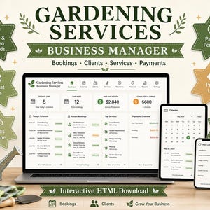 以下が含まれることがあります： ノートパソコン、タブレット、スマートフォンに表示された「Gardening Services Business Manager」というタイトルのデジタルダッシュボード。インターフェースには予約、顧客記録、支払い、スケジュールが表示されています。デバイスの周囲には星型のアイコンが配置されています。
