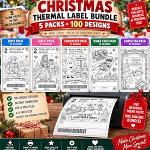 Pode incluir: Um pacote de etiquetas térmicas de Natal com 100 designs únicos em cinco conjuntos. As etiquetas incluem ilustrações festivas, marcas postais do Royal Mail e espaços para dados do destinatário. Uma impressora térmica imprime.