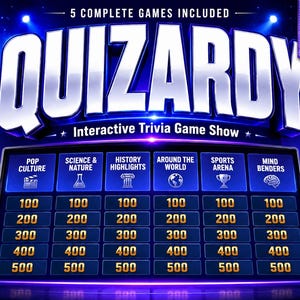 Può includere: Un gioco a quiz interattivo digitale intitolato QUIZARDY con un tabellone blu che presenta sei categorie: Pop Culture, Science & Nature, History Highlights, Around the World, Sports Arena e Mind Benders, ciascuna con punteggi.