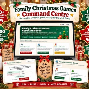 Op de afbeelding: Een digitale interface voor een Family Christmas Games Command Centre op een laptopscherm, met interactieve, printbare en snelle gezelschapsspellen, quizvragen en feestelijke activiteiten met rode en groene stervormige informatiepictogrammen.