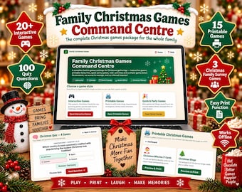 May include: A digital interface for a Family Christmas Games Command Centre displayed on a laptop screen, featuring interactive, printable, and quick party games, quiz questions, and festive activities with red and green star-shaped informational icons.