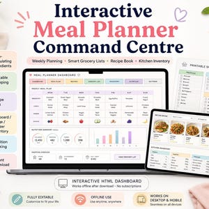 May include: An interactive meal planner command center displayed on a laptop, tablet, and smartphone. The digital interface features a weekly meal plan, nutrition summary, recipe book, kitchen inventory, and a printable shopping list with checkboxes.