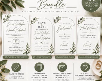 May include: A wedding stationery bundle featuring 61 A5 cards with white backgrounds, arched frames, and green leaf illustrations. The set includes wedding invitations, save the dates, bridesmaid cards, and a maid of honor card with elegant black text.