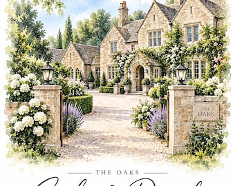 May include: A watercolor illustration of a stone manor house named The Oaks, featuring a gravel driveway, white hydrangea bushes, and purple lavender. Below the house, the text reads: THE OAKS, Sophie & Daniel, OUR WEDDING DAY, 27.07.2024.