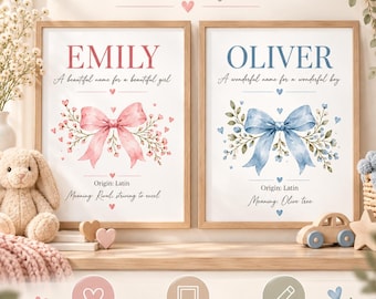 May include: Two framed custom name prints featuring the names Emily and Oliver. The Emily print has a pink bow and floral accents, while the Oliver print has a blue bow and floral accents. Both include origin and meaning text.