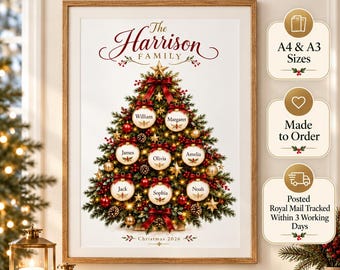 May include: A framed wall print titled Personalised Christmas Family Tree Print featuring a decorated evergreen tree with red bows, gold stars, and white ornaments labeled with names like William, Margaret, James, Olivia, Amelia, Jack, Sophia, and Noah.