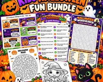 May include: A Kids Halloween Fun Bundle featuring activity sheets including a quiz, word search, maze, and coloring page. The collection displays illustrations of pumpkins, a ghost, a black cat, and a witch, with text headers in orange and purple.