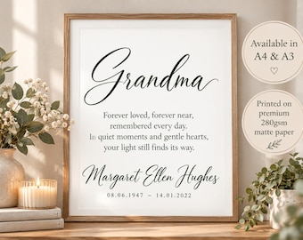May include: A framed memorial print featuring the word Grandma in script, followed by the poem Forever loved, forever near, remembered every day. In quiet moments and gentle hearts, your light still finds its way. Margaret Ellen Hughes 08.06.1947 - 14.01.2022.