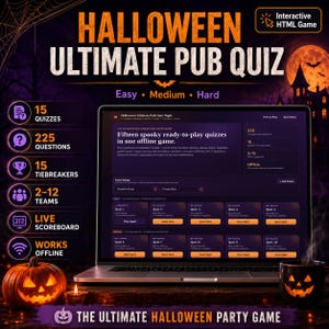Könnte beinhalten: Ein Laptop zeigt ein interaktives Halloween Ultimate Pub Quiz mit 15 Quizrunden, 225 Fragen, 15 Tiebreakern und einer Live-Anzeigetafel. Der Bildschirm zeigt Teameinstellungen und Schwierigkeitsgrade, daneben stehen ein Kürbis und ein Becher.