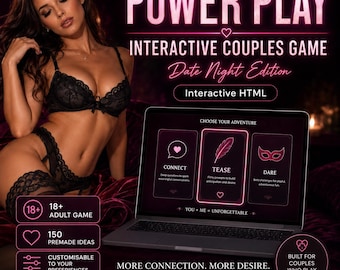 May include: A laptop displaying the Power Play interactive couples game, Date Night Edition. The screen shows three categories: Connect, Tease, and Dare. The interface features pink neon text and icons on a dark background, with game details listed.