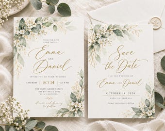 May include: Two rectangular wedding stationery cards featuring watercolor green eucalyptus leaves, white flowers, and gold foliage accents. The text reads Emma and Daniel, Save the Date, October 14, 2028, The Olive Grove Estate, 1274 Riverdale Road, Napa, California.
