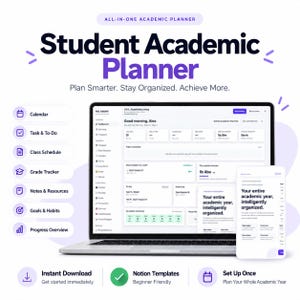 May include: A digital student academic planner displayed on a laptop and smartphone screen. The interface features sections for calendar, tasks, class schedule, grade tracker, notes, goals, and progress. Text includes All-in-One Academic Planner.