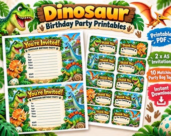 May include: A set of printable dinosaur-themed birthday party supplies featuring two A5 invitations and ten matching party bag tags. The designs include colorful illustrations of various dinosaurs, tropical foliage, and text reading Dinosaur Birthday Party Printables, You're Invited, and Thank You For Coming.