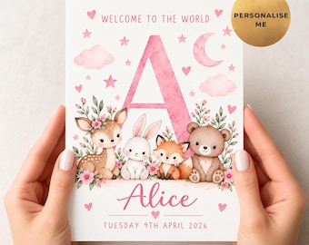 May include: A white rectangular print featuring a large pink letter A, the text Welcome to the World, the name Alice, and the date Tuesday 9th April 2026. Illustrations include a fawn, rabbit, fox, and bear surrounded by pink clouds and stars.