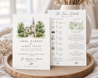 May include: A wedding invitation set featuring a watercolor illustration of a stone church surrounded by trees. The text includes the names Emma Harper and James Ellis, the date June 12th, 2027, and a detailed order of the day with a map of Yorkshire.