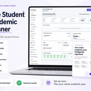 May include: A laptop displaying the Elite Student Academic Planner interface with a dashboard, calendar, and grade tracking. The screen shows text including 'Good evening, Alex' and 'Your entire academic year, intelligently organised.'