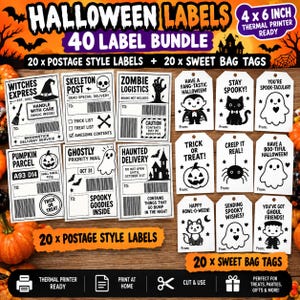 Könnte beinhalten: Ein 40-teiliges Halloween-Etiketten-Set mit 20 Etiketten im Postversand-Stil und 20 Geschenkanhängern. Die schwarz-weißen Designs zeigen Geister, Kürbisse, Katzen und Fledermäuse mit Texten wie Witches Express und Stay Spooky. 4x6 Zoll Größe.