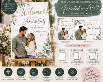 May include: A personalized wedding sign printed on A3 280gsm photo paper. The sign features a photograph of a couple, the text Welcome to the wedding of James & Emily, the date 24th August 2027, and the phrase So glad you're here, with green foliage.