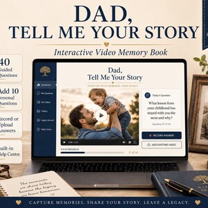 Può includere: Un libro di ricordi video interattivo digitale intitolato Dad, Tell Me Your Story visualizzato su uno schermo di un portatile. L'interfaccia include 40 domande guidate, 10 domande personali, opzioni di registrazione video e un centro assistenza.